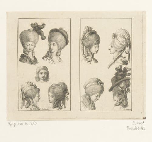 Twee voorstellingen met kapsels en hoofddeksels voor dames by Daniel Nikolaus Chodowiecki