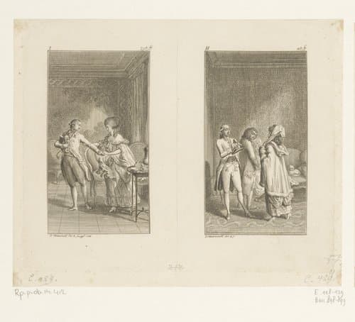 Twee voorstellingen uit Der kleiner Cäsar by Daniel Nikolaus Chodowiecki