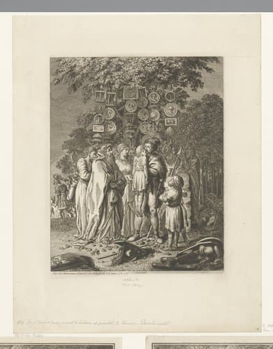 Germaanse veldheer Arminius kust voor de heilige eik een verwonde schildknaap by Daniel Nikolaus Chodowiecki