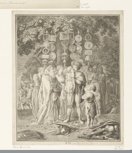 Germaanse veldheer Arminius kust voor de heilige eik een verwonde schildknaap by Daniel Nikolaus Chodowiecki