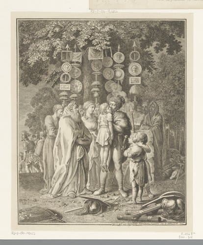 Germaanse veldheer Arminius kust voor de heilige eik een verwonde schildknaap by Daniel Nikolaus Chodowiecki