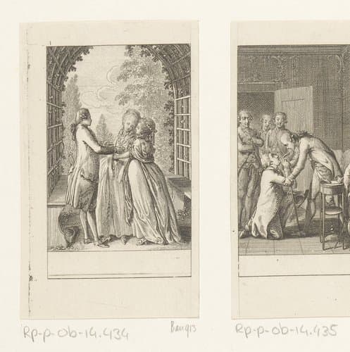 Clara leidt Julie in de armen van haar geliefde St. Preux by Daniel Nikolaus Chodowiecki