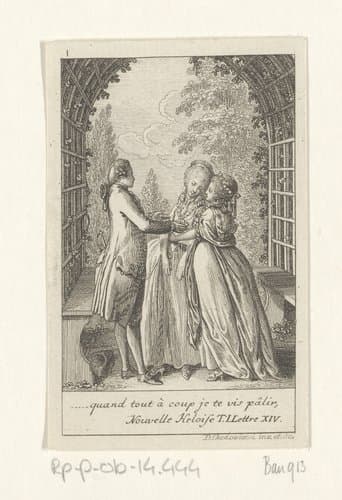 Clara leidt Julie in de armen van haar geliefde St. Preux by Daniel Nikolaus Chodowiecki