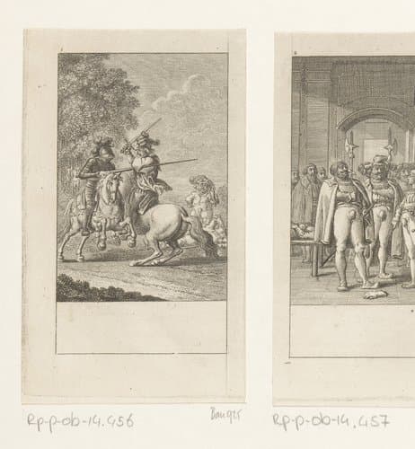 Huon de Bordeaux in gevecht met Charlot, achter hen ligt Girard gewond op de grond by Daniel Nikolaus Chodowiecki