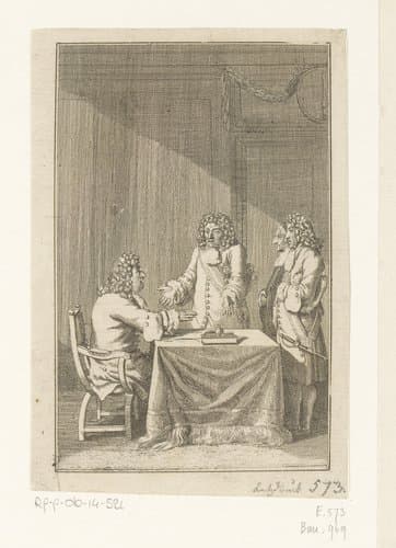 Minister Grumbkow en Gaultier vertellen Friedrich Wilhelm dat de staatskas leeg is by Daniel Nikolaus Chodowiecki