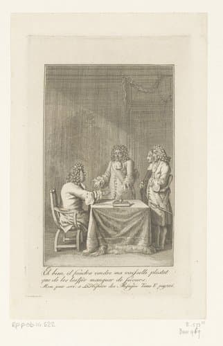 Minister Grumbkow en Gaultier vertellen Friedrich Wilhelm dat de staatskas leeg is by Daniel Nikolaus Chodowiecki