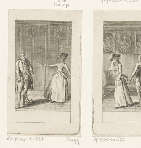 Amalia slaat Franz met een degen van zich af by Daniel Nikolaus Chodowiecki