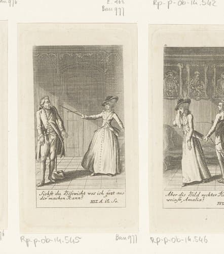 Amalia slaat Franz met een degen van zich af by Daniel Nikolaus Chodowiecki