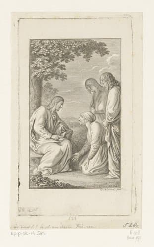 Christus luistert naar de knielende Zebedeüs, Jakobus en Johannes staan achter hun moeder by Daniel Nikolaus Chodowiecki