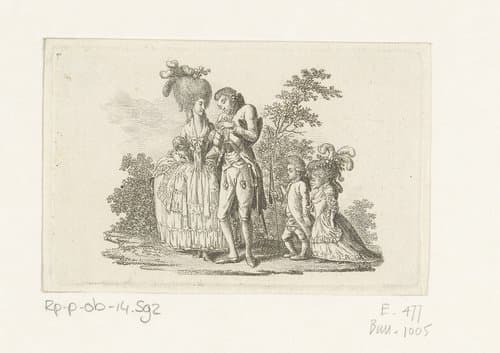 Titelvignet met een satirische scène over de vorstelijke mode by Daniel Nikolaus Chodowiecki