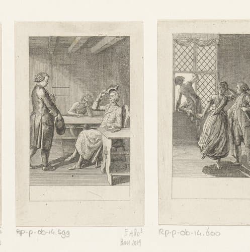 Begroeting tussen de schoolmeester en Peter Fix by Daniel Nikolaus Chodowiecki
