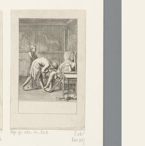 Peter Fix stelt zich voor en kust het uniform van Jonkheer Siegfried by Daniel Nikolaus Chodowiecki