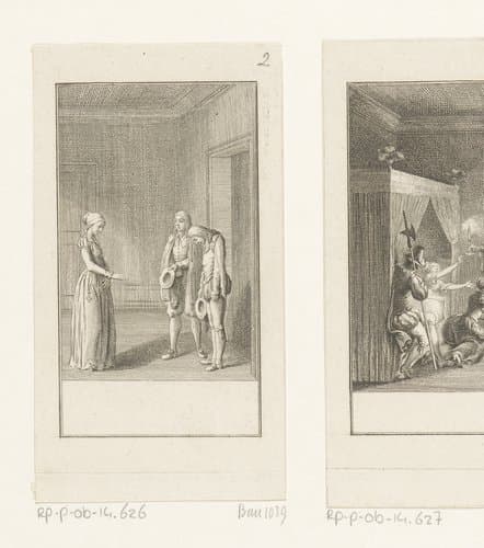 Gil Blas en Fabricio ontvangen door Donna Hyacintha by Daniel Nikolaus Chodowiecki