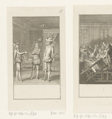 Gil Blas in gesprek met Pedrillo en kapitein Don Annibal by Daniel Nikolaus Chodowiecki