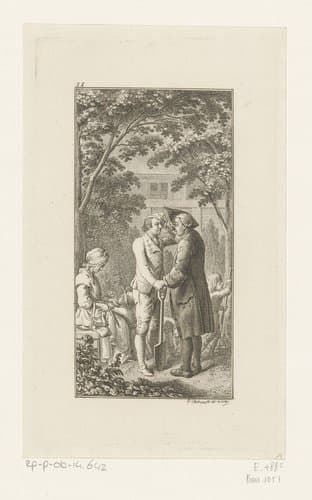 Bartholomäus Schwalbe's ontmoeting in de tuin by Daniel Nikolaus Chodowiecki