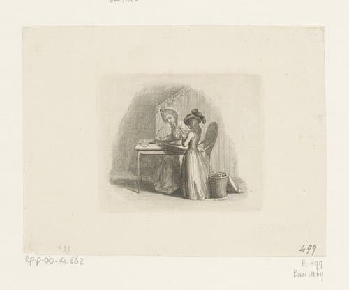 Schrijvende vrouw aan tafel met naast haar een voorlezend meisje by Daniel Nikolaus Chodowiecki