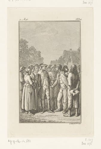 Herr von Pless dankt Franz en de dorpelingen voor zijn redding by Daniel Nikolaus Chodowiecki