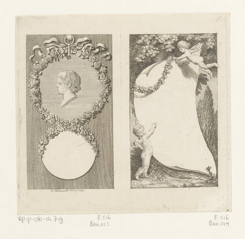 Portret van Amelia en een door putti opgehouden blanco blad by Daniel Nikolaus Chodowiecki