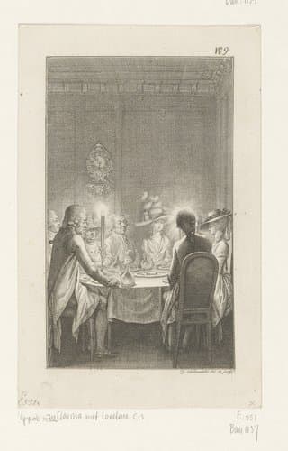 Clarissa aan tafel bij Lovelace en zijn vrienden by Daniel Nikolaus Chodowiecki