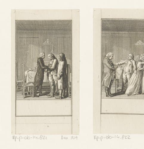Gesprek tussen de jager, pastoor en Schulze by Daniel Nikolaus Chodowiecki