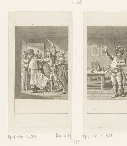 Falstaff, verkleed als mevrouw Brenton, wordt de deur gewezen by Daniel Nikolaus Chodowiecki