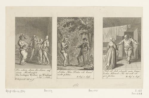 Drie voorstellingen uit William Shakespeares Merry Wives of Windsor by Daniel Nikolaus Chodowiecki