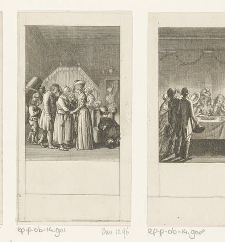 Camille wordt joviaal door de dorpsbewoners ontvangen aangezien dezen haar waarderen om de goedheid van haar hart en niet haar rijkdom by Daniel Nikolaus Chodowiecki