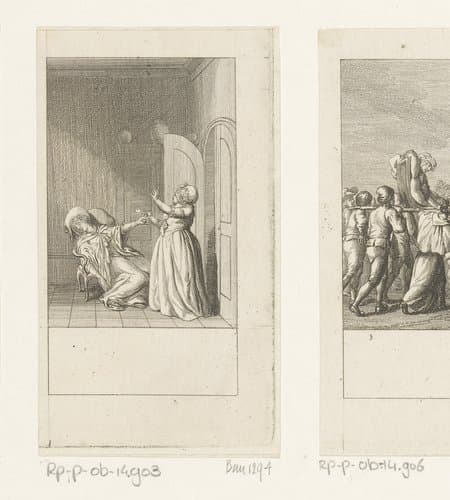 Camille bekomt van de schrik van haar beroving terwijl een huismeid haar het medicijn brengt by Daniel Nikolaus Chodowiecki