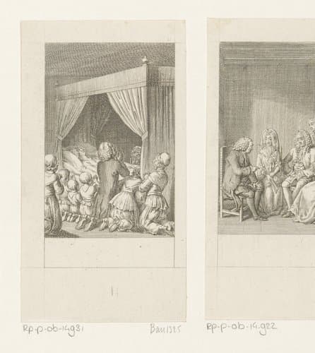 Mr. Albany bidt met zijn kinderen en dienstmeisjes naast het bed van de bewusteloze Cecilia by Daniel Nikolaus Chodowiecki