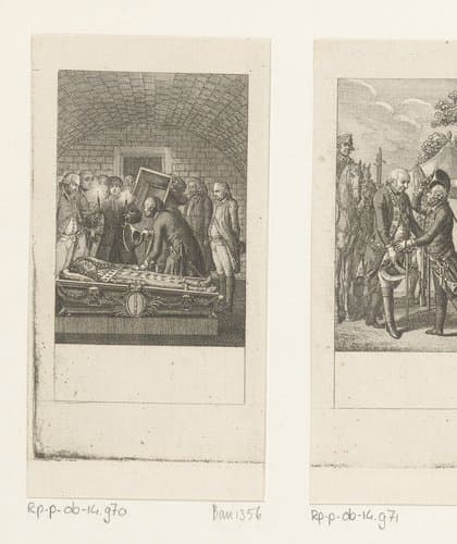 Frederik II bij het geopende graf van zijn voorganger by Daniel Nikolaus Chodowiecki
