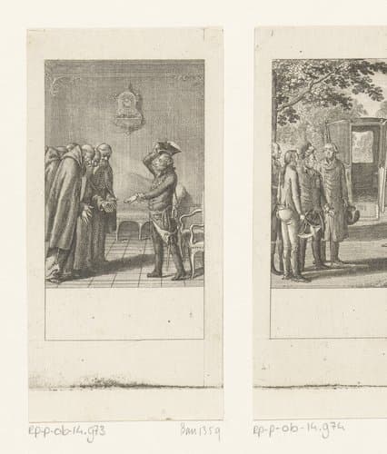 Frederik II bedankt de kapucijner monniken in Breslau by Daniel Nikolaus Chodowiecki