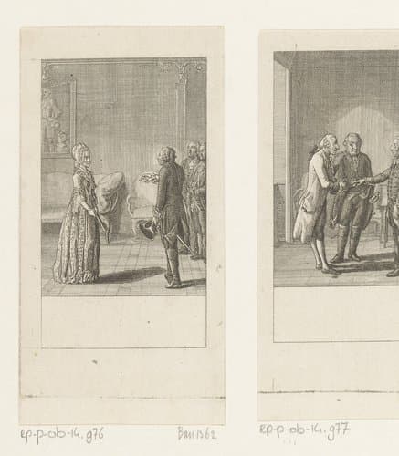 Frederik II met Karschin in gesprek over haar dochter by Daniel Nikolaus Chodowiecki
