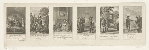 Zes voorstellingen uit de serie anekdotes van Friedrich II by Daniel Nikolaus Chodowiecki