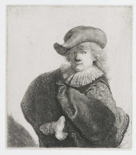 Self-portrait in a soft hat and a patterned cloak by Rembrandt van Rijn