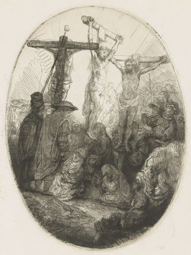 Christ crucified between the two thieves: an oval plate by Rembrandt van Rijn
