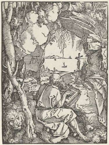 De Heilige Hiëronymus schrijvend in een grot by Albrecht Dürer