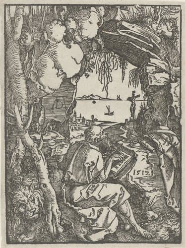 De Heilige Hiëronymus schrijvend in een grot by Albrecht Dürer