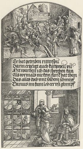 Een steekspel en een bode bij een vorst by Albrecht Dürer