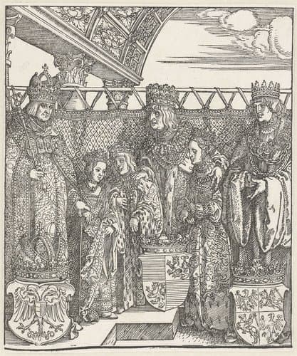 Het Weense dubbelhuwelijk: Maximiliaan bespreekt met de koning van Hongarije en zijn broer de huwelijken tussen hun (klein)kinderen by Albrecht Dürer