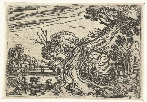 Herder bij een schuin overhangende boom by Esaias van de Velde