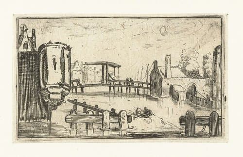 Gracht met ophaalbrug in een stad by Esaias van de Velde