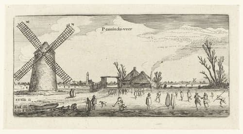 Schaatsers op het ijs bij een molen in de buurt van Penningsveer by anonymous