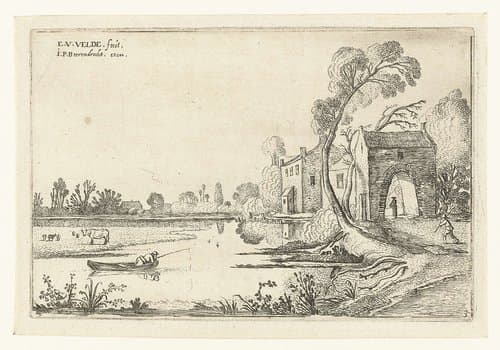 Landschap met een rivier en poortgebouw by Esaias van de Velde