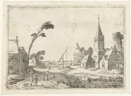 Dorpsgezicht met boerderijen, kerk en waterput by Esaias van de Velde