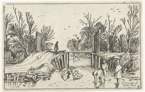 Schaatsers voor een houten brug by anonymous