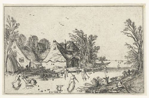 Schaatsers en kolfspelers bij boerderijen by anonymous