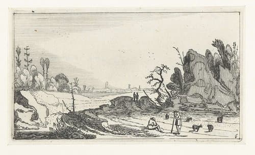 Herders met schapen bij rotsen by anonymous