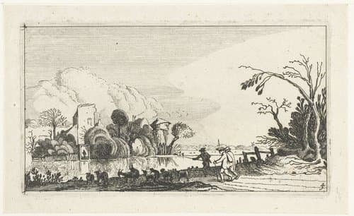 Herder met geiten en schapen bij een rivier by anonymous