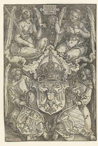 Allegorie met het wapenschild van het keizerrijk en twee wapenschilden van de stad Neurenberg by Albrecht Dürer