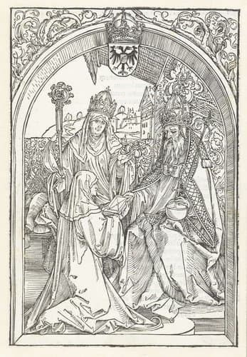 Roswitha van Gandersheim biedt keizer Otto I een exemplaar van haar boek aan by Albrecht Dürer